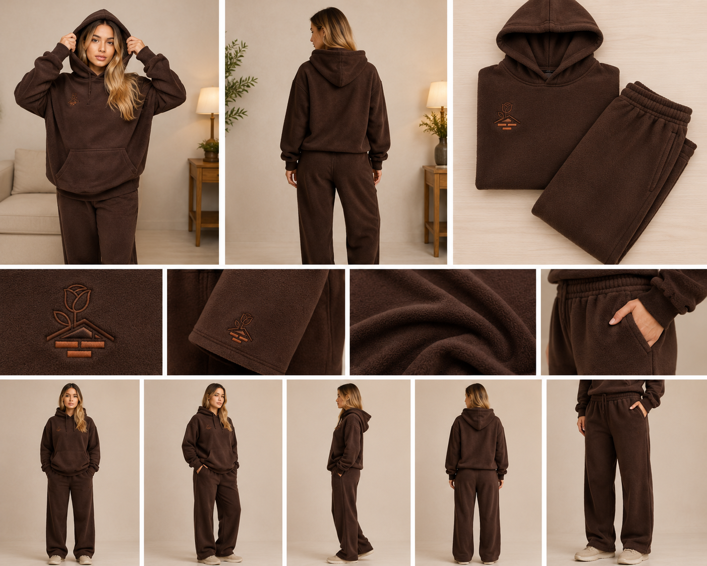 Dark Brown Cotton Fleece Hoodie Set